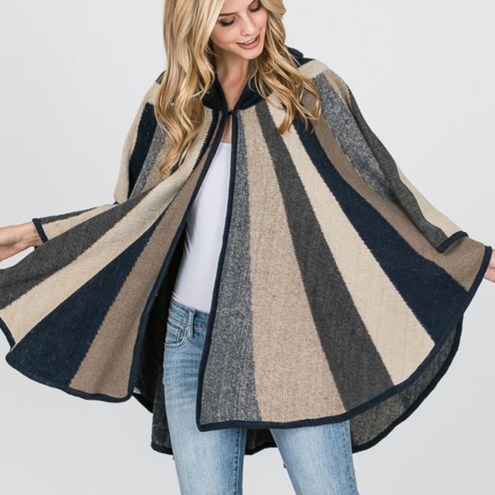 Sunburst Swing Striped Poncho Boho Hooded Jacket - Picture 2 of 12